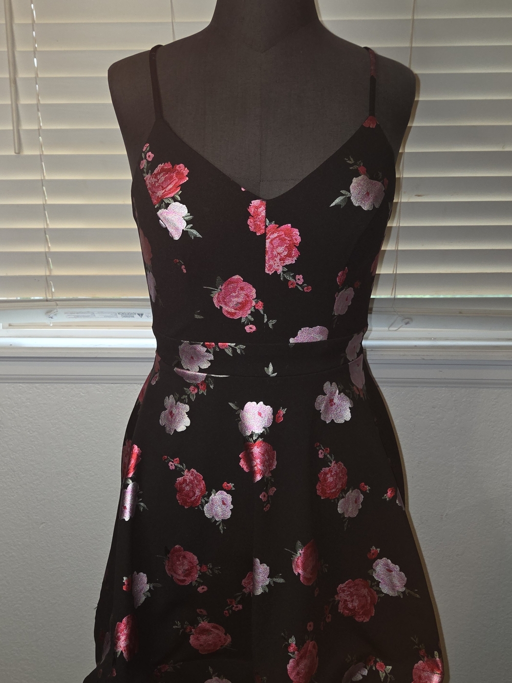 B. Smart Black Mini Dress with Pink Floral Jacquard